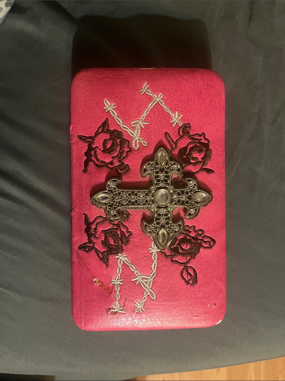 Embellished Pink Cross & Rose Embroidered Wallet Clutch